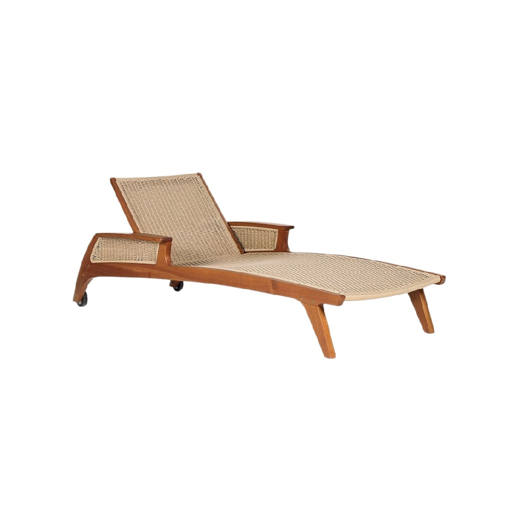 "Elegant Wooden Outdoor Chaise Lounge with Wheels"