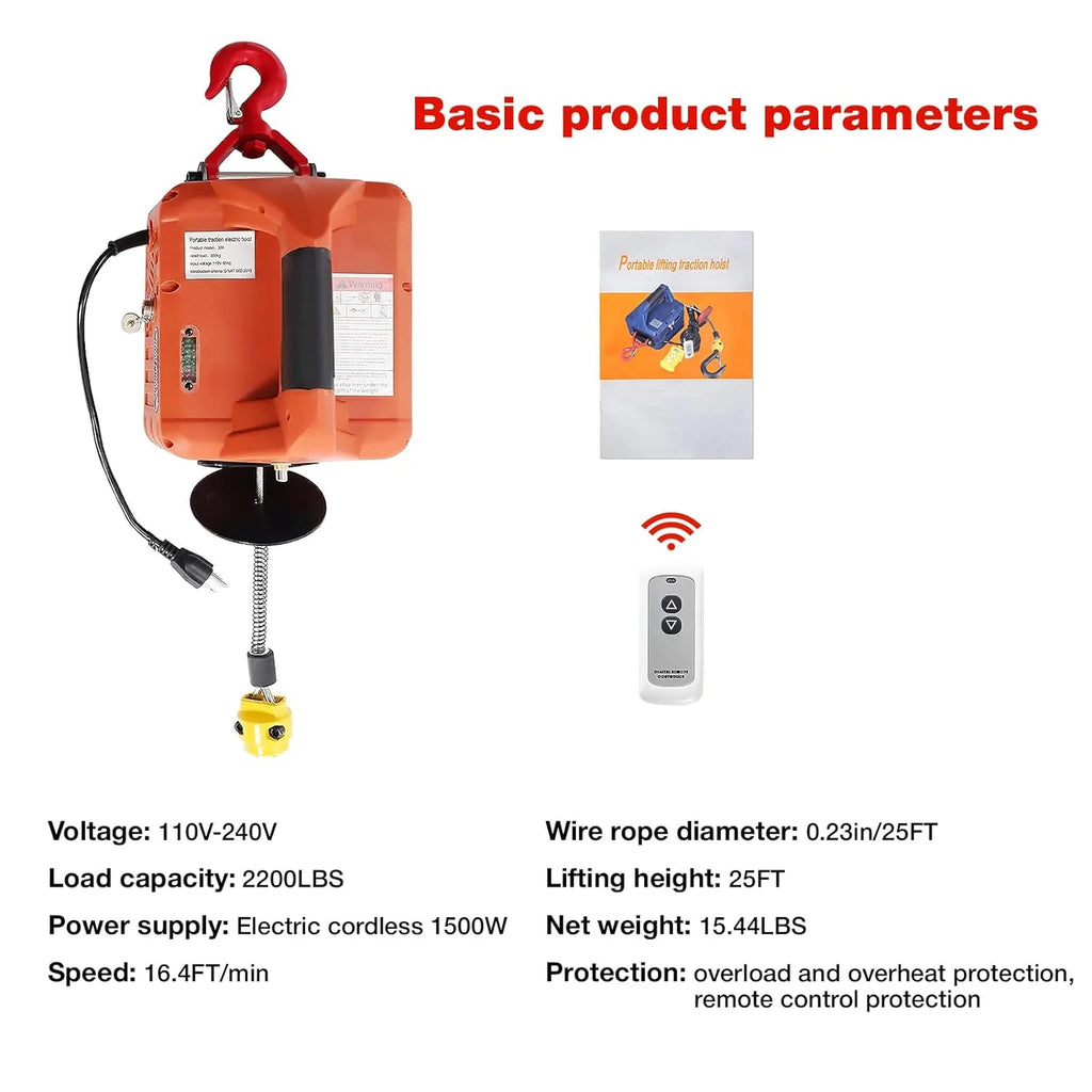 2200LBS 3-in-1 Portable Electric Hoist Unleash with Power and Versatility Wireless Remote, 110V Winch, and Crane System with Battery – Perfect for Tackling Heavy Loads