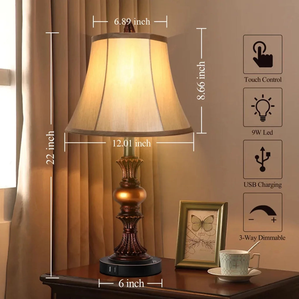 Nictiv Set of 2 Table Lamps, Bedroom Bedside Lamp with 4 USB Port Touch Control 3-Way Dimmable Nightstand Lamp Traditional Wooden Lamp Sets with 2 Free LED Bulbs