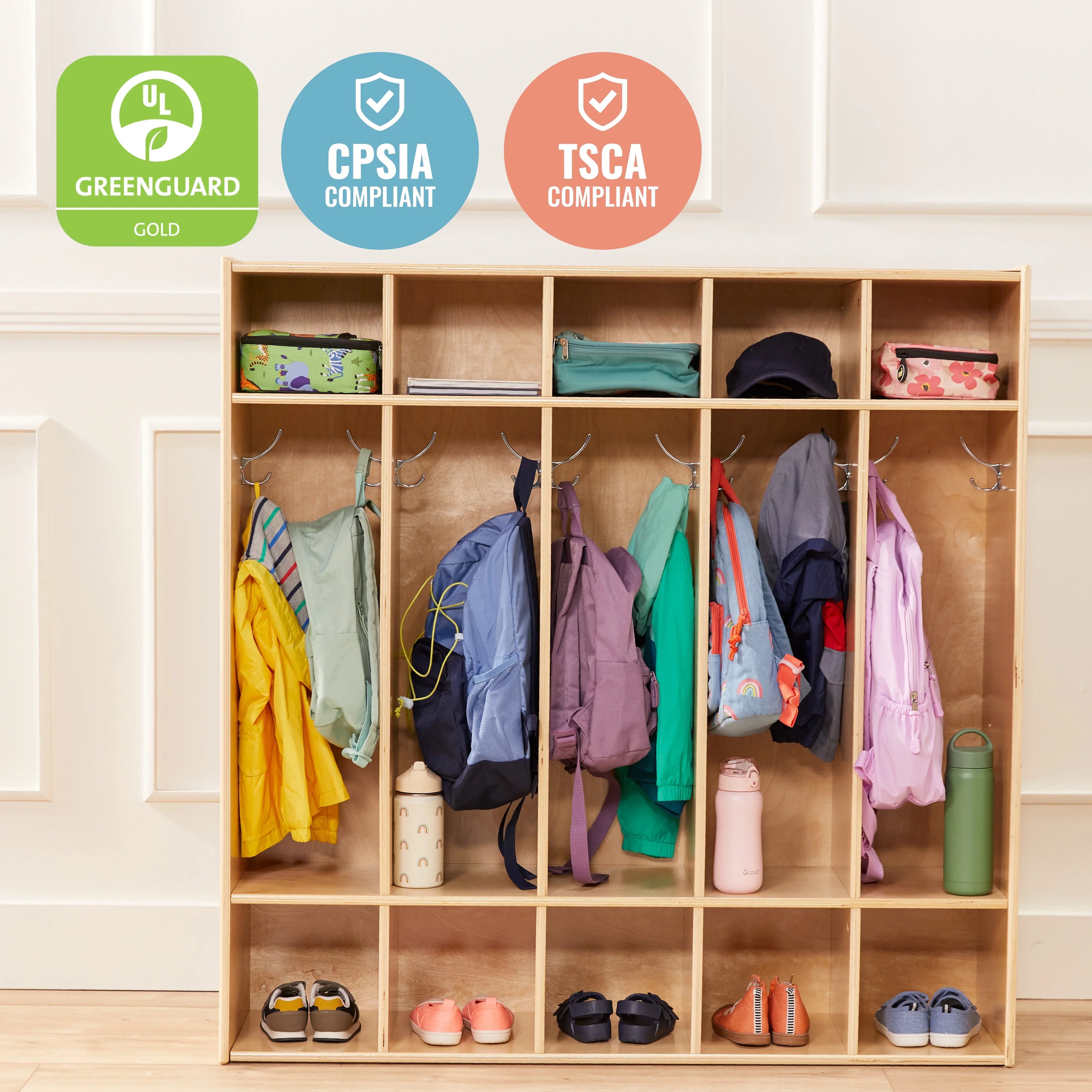 ECR4Kids Streamline 5-Section Coat Locker, Classroom Furniture, Natural