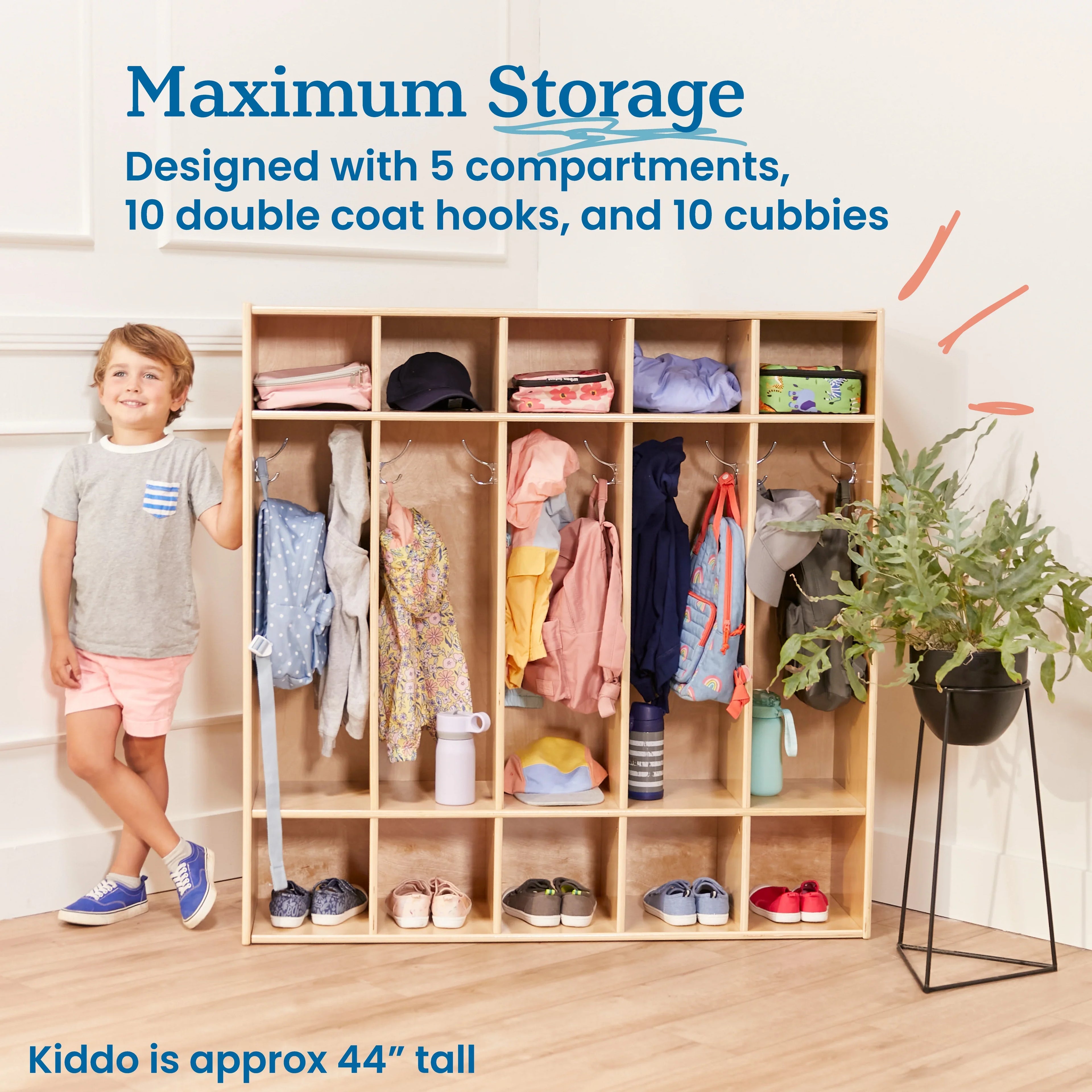 ECR4Kids Streamline 5-Section Coat Locker, Classroom Furniture, Natural
