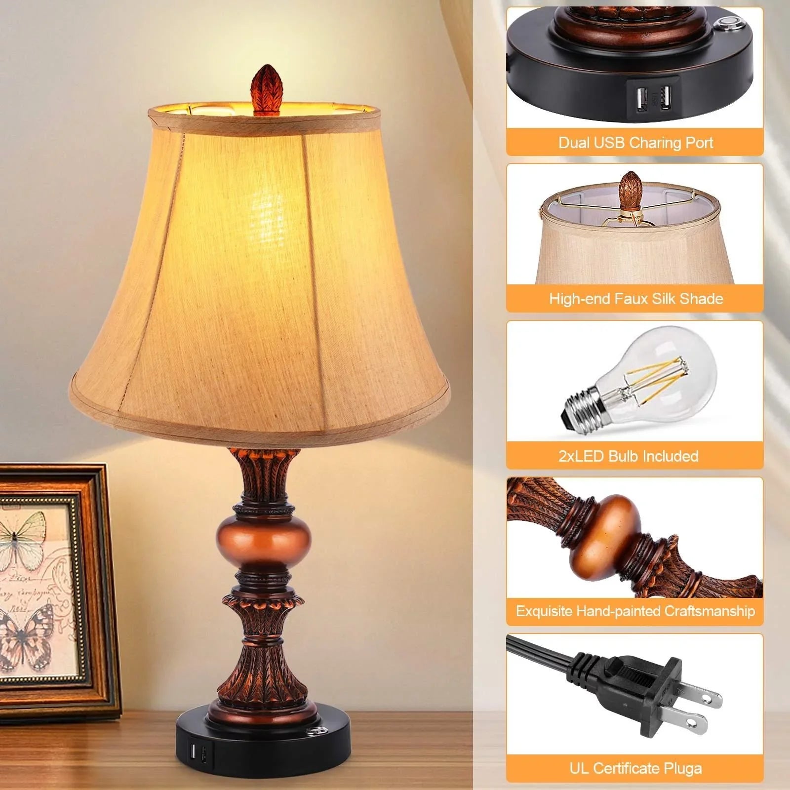 Nictiv Set of 2 Table Lamps, Bedroom Bedside Lamp with 4 USB Port Touch Control 3-Way Dimmable Nightstand Lamp Traditional Wooden Lamp Sets with 2 Free LED Bulbs