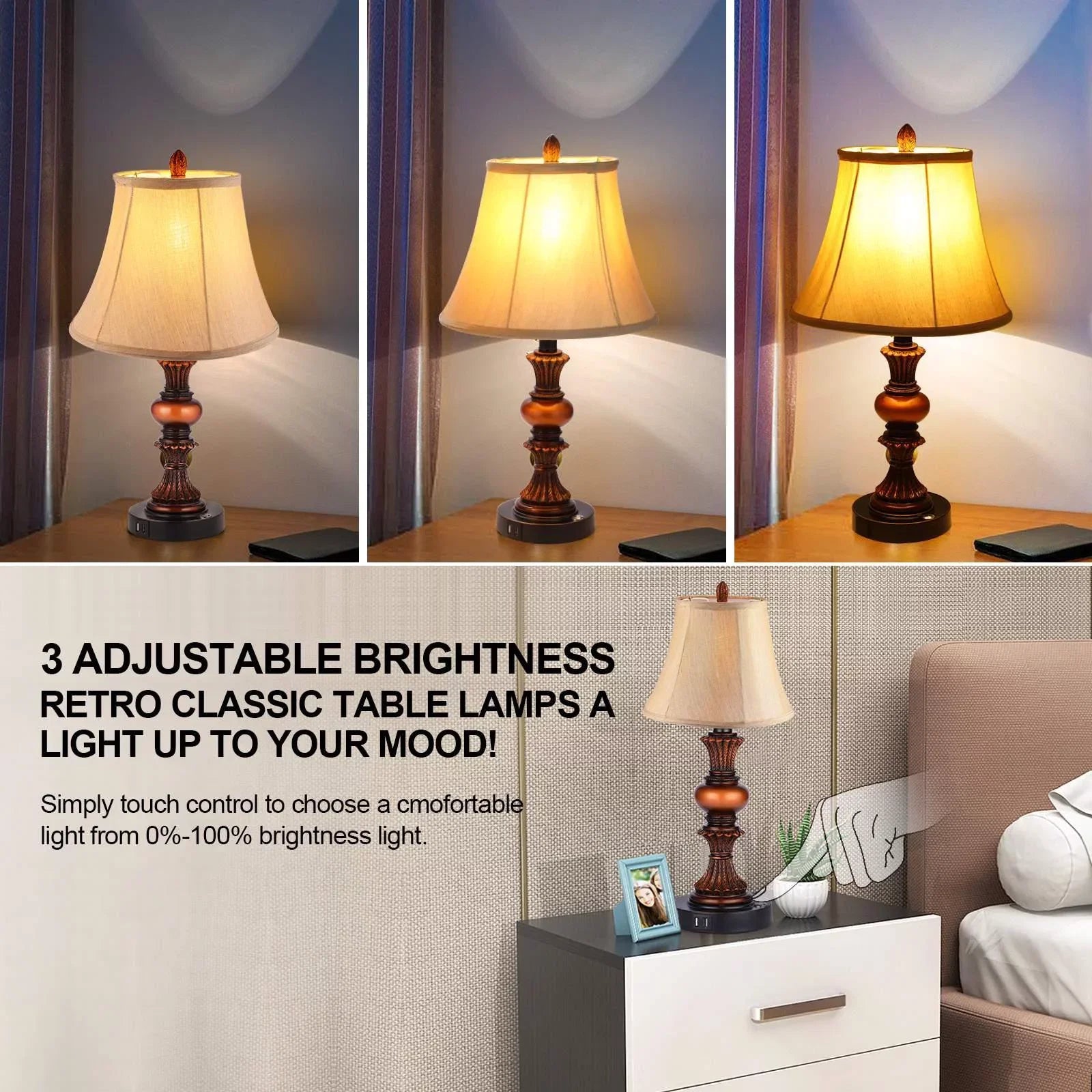 Nictiv Set of 2 Table Lamps, Bedroom Bedside Lamp with 4 USB Port Touch Control 3-Way Dimmable Nightstand Lamp Traditional Wooden Lamp Sets with 2 Free LED Bulbs