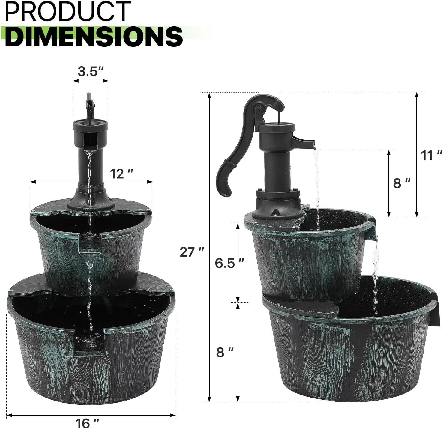 2-Tier Outdoor Water Fountain Freestanding Rustic Cascading Waterfall Fountain With Electric Pump For Garden Patio Backyard Porch Decor, Teal Blue