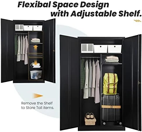RUNFAYBIU Metal Wardrobe Closet - 72" Bedroom Armoires with Lock Locker with Adjustable Shelves and Removable Hanging Rods (White)