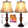 Nictiv Set of 2 Table Lamps, Bedroom Bedside Lamp with 4 USB Port Touch Control 3-Way Dimmable Nightstand Lamp Traditional Wooden Lamp Sets with 2 Free LED Bulbs