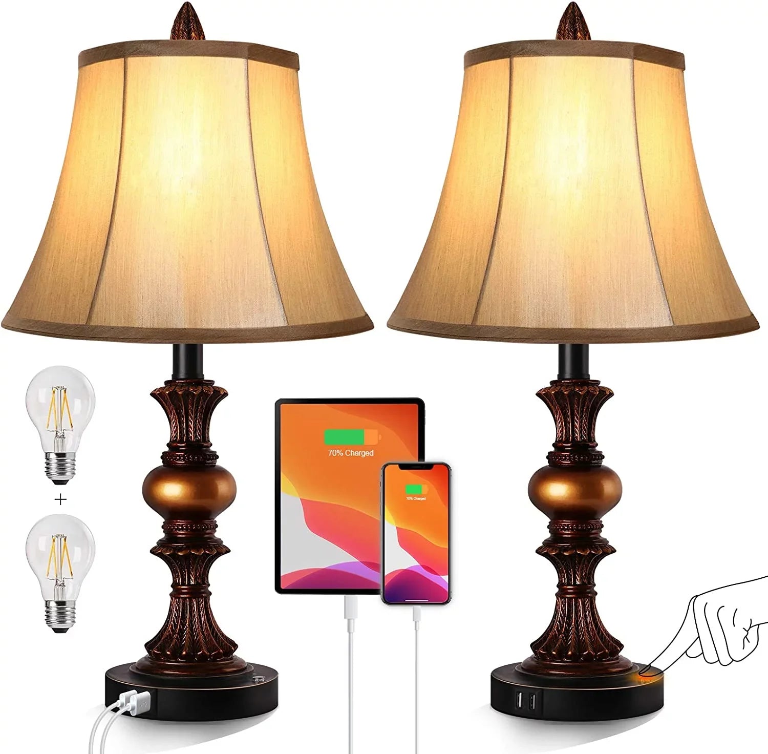 Nictiv Set of 2 Table Lamps, Bedroom Bedside Lamp with 4 USB Port Touch Control 3-Way Dimmable Nightstand Lamp Traditional Wooden Lamp Sets with 2 Free LED Bulbs