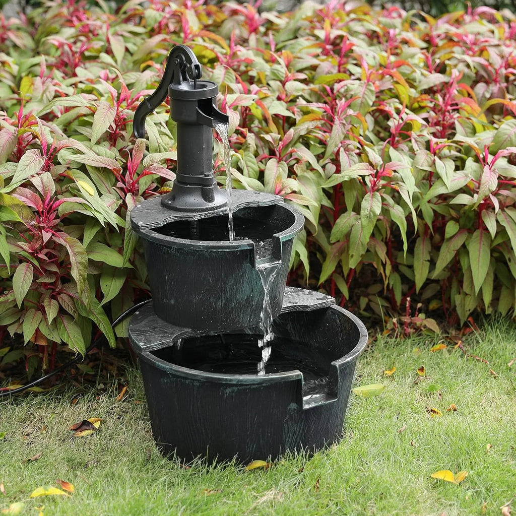 2-Tier Outdoor Water Fountain Freestanding Rustic Cascading Waterfall Fountain With Electric Pump For Garden Patio Backyard Porch Decor, Teal Blue
