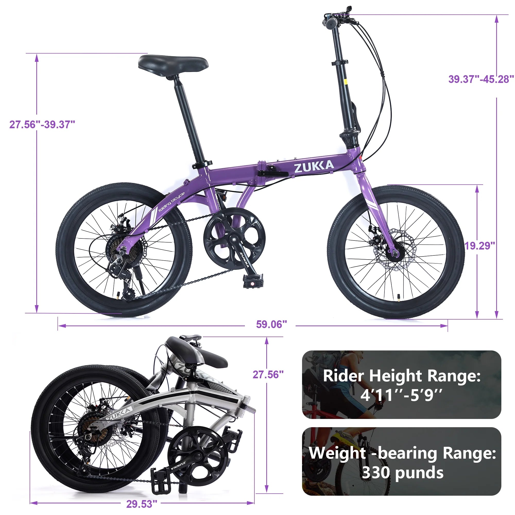 20" Folding Bike, 8 Speed City Bicycle, Aluminium Alloy Frame, Purple