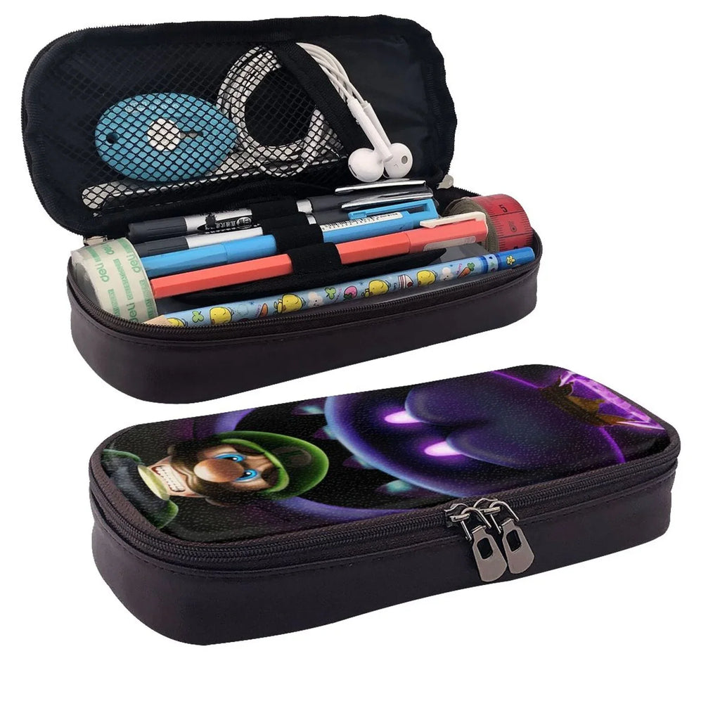 Boo Luigi's Mansion Game Pencil Case Brown Leather Pen Bag Student Stationery Pouch Holder Organizer For School Office Supplies For Kids Teen Adult